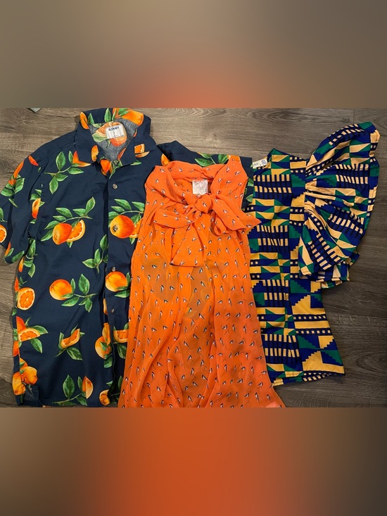 Jella Couture Tops - Orange & yellow BUNDLE! Three blouse bundle, lightweight / fruit & birds oh my!